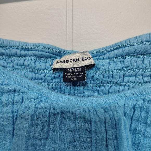 American Eagle Blue Smocked Ruffle Crop Top Medium 100% Cotton Summer Tank - Picture 2 of 7